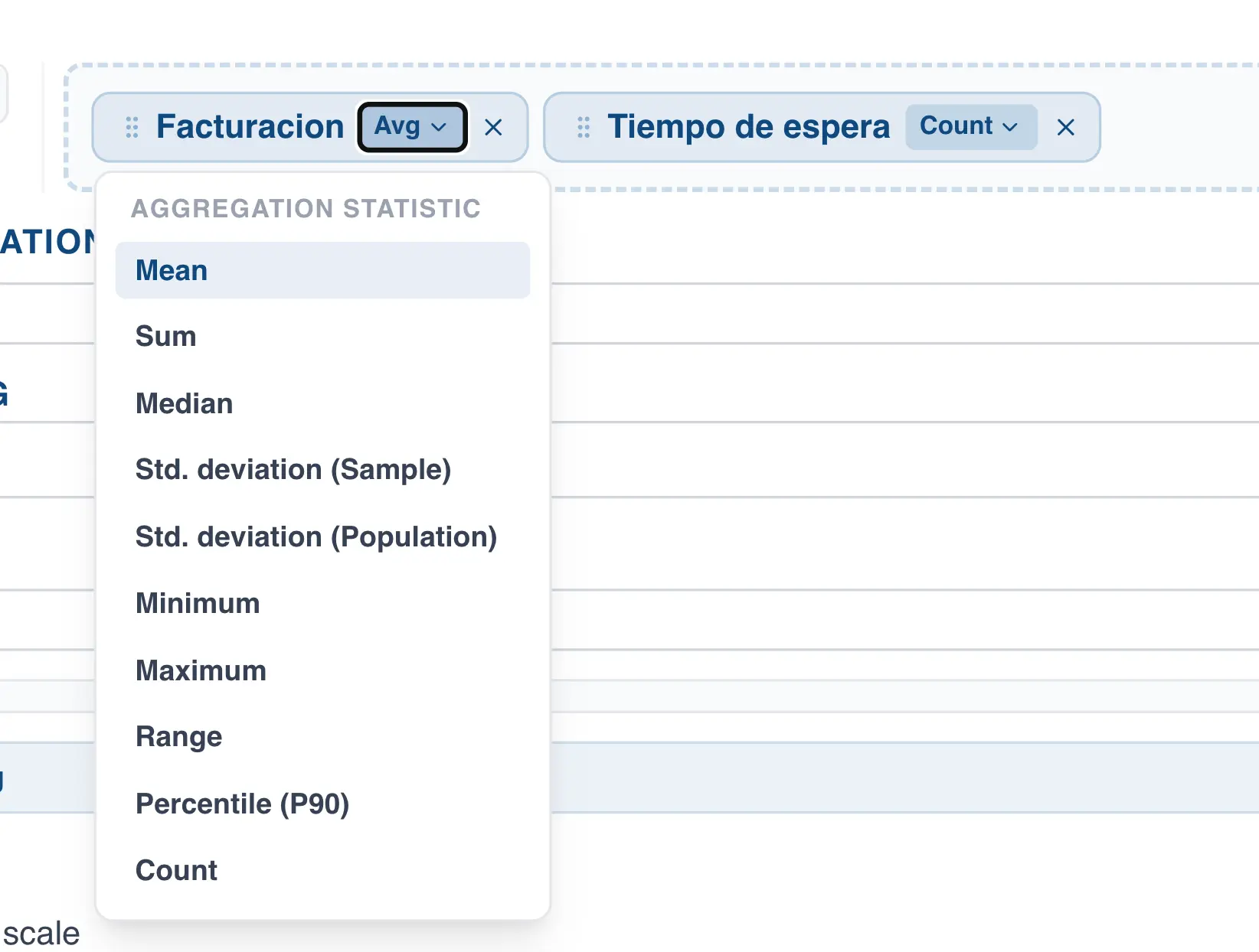 Summary statistic dropdown